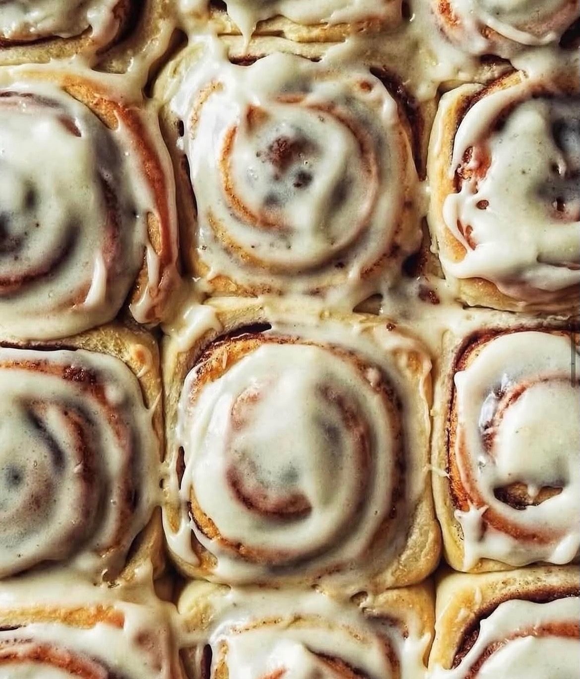 A tray of cinnamon rolls under thick cream cheese icing.